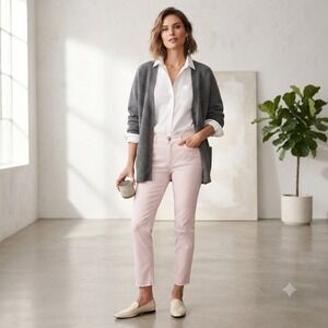 Ecru Cotton Twill Cropped Pants Raw Hem Light Pink 4